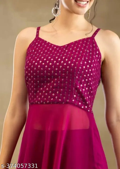 Georgette sequence work kurta solid palazzos for women - single item, sleeveless, Indian traditional outfit in solid pattern