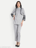Light Grey Wool Embroidery Night Suit/Co-ord Set by Elendra - Ethnic Tunic & Palazzos with red and multi-colored embroidery, perfect for winter sleep wear