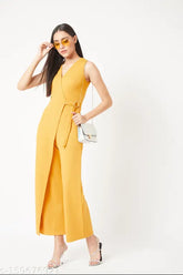 Yellow polyester women's jumpsuit, sleeveless, V-neck, solid knit, mustard color, Indian origin