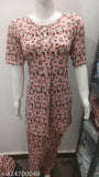 Plus size cotton nightsuit, 3XL & 4XL, printed long top with pocket, hip-covering length, side slits. Imported Korean Lycra fabric, comfortable elastic waistband, round neck closure. Nightwear for plus size ladies, ideal for sleepwear