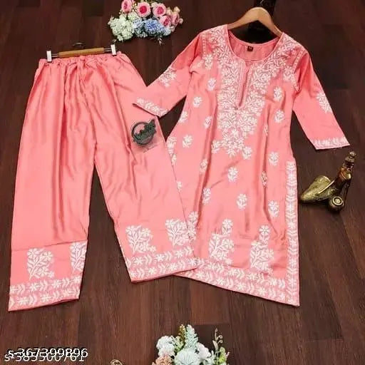 Rayon Lucknowi Chikankari Kurta Palazzo set, beautiful printed net embroidered summer wear for casual parties. Sizes: M-5XL (Bust 38in-48in), 14kg