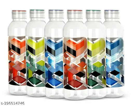 Multicolor printed plastic leak-proof water bottles, pack of 6 for travel and smoothie juices