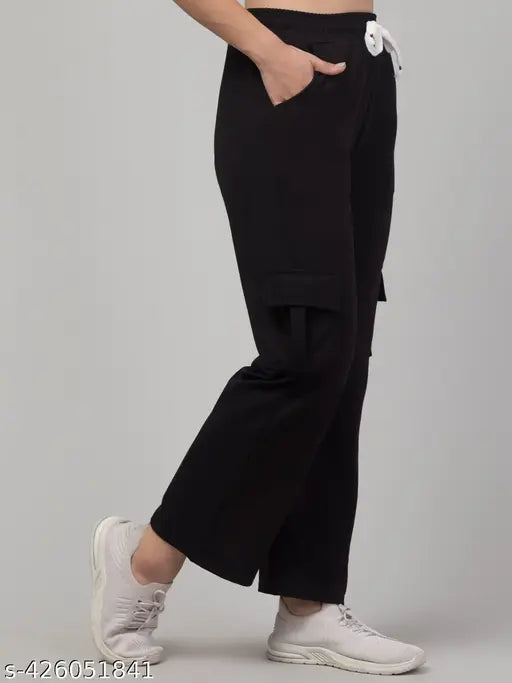 Black cotton lycra cargo pants, high-waisted, multiple pockets, stylish for women