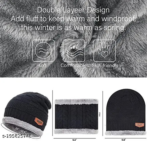 TASHIKA fleece-lined slouchy knit beanie hat (one size), warm cap with matching scarf for skiing & cold climates, hypoallergenic acrylic material, unisex style suitable for both men and women