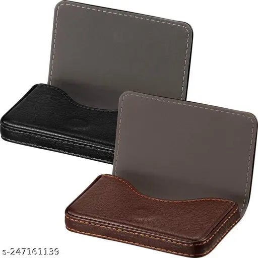 Black and Brown PU Leather Business Card Holder Set with Magnetic Shut, holds 20-25 cards, durable textured design, made in India