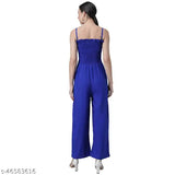 Stylish solid blue cotton blend jumpsuit for women, trendy evening or casual wear, 100% rayon, Indian fashion design