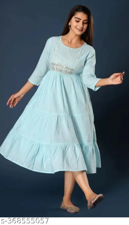 Rayon sequin embroidered tiered kurti for women, solid color with three-quarter sleeves, made in India