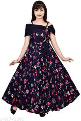 Blue poly silk ethnic gown, sleeveless printed net for girls (4-5 years), Indian handcrafted fashion