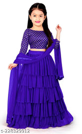 Satin & net ruffle-embroidered kids' lehenga cholis (1-15 years), semi-stitched for custom fit, party wear or wedding festive occasion, Indian origin