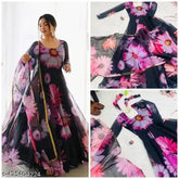 Red trendy georgette long kurta with dupatta, intricate embroidery, traditional party wear gown