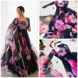 Red trendy georgette long kurta with dupatta, intricate embroidery, traditional party wear gown