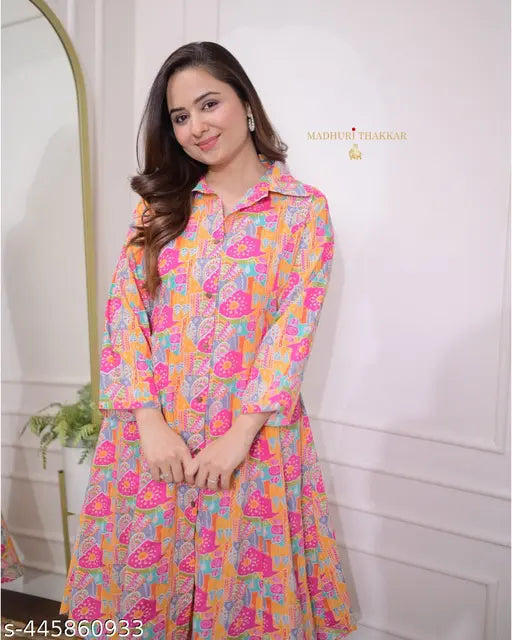 Stylish rayon kurti set for woman, printed net design, long sleeves, includes pants, sizes M-XXXL