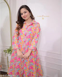 Stylish rayon kurti set for woman, printed net design, long sleeves, includes pants, sizes M-XXXL