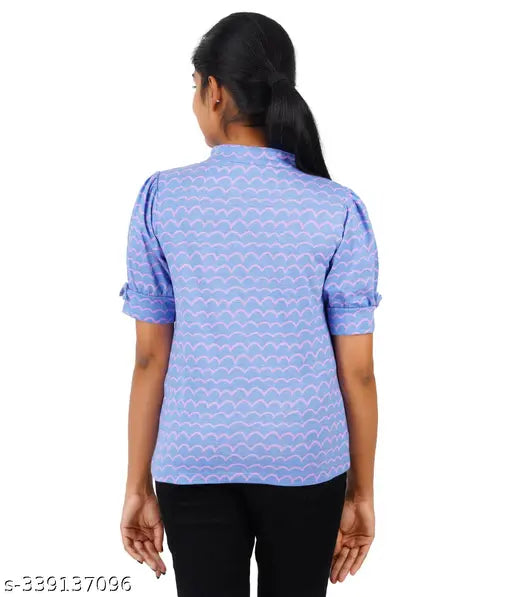 Short sleeved, printed mandarin collar t-shirt in lt blue with lilac pattern, 100% cotton for women, made in India