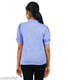 Short sleeved, printed mandarin collar t-shirt in lt blue with lilac pattern, 100% cotton for women, made in India