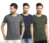 Grey printed cotton short sleeved t-shirt pack 3 for men by Vimal Jonney, India