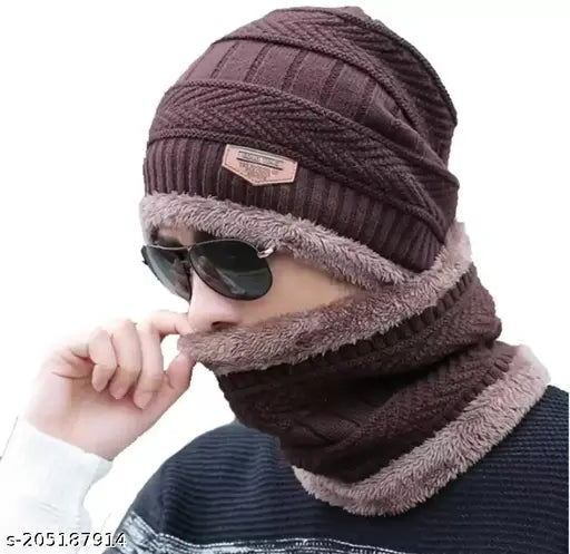 Winter woolen cap set with muffler & gloves - solid design, perfect for men and women this fall and winter. Soft feel textured knit beanie hat on adult head. Made in India