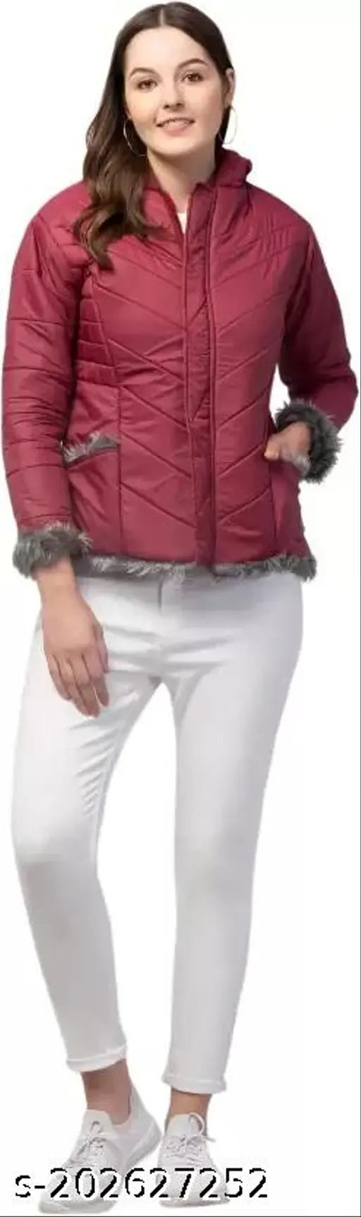 Solid fur-trimmed polyester parka jacket for women and girls, ideal for winter wear, featuring hood, three pockets, and curved hemline. Made in India