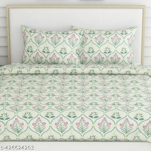 Green Blossom Floral Cotton Double Bedsheet Set, 100% Cotton, 2 Pillow Covers Included