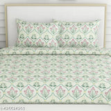 Green Blossom Floral Cotton Double Bedsheet Set, 100% Cotton, 2 Pillow Covers Included