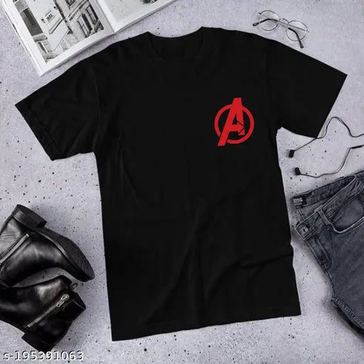 Avengers printed cotton blend t-shirt for men, avengers logo, fashionable and trendy. Vibrant graphic tee with eco-friendly ink, double-stitched seams, and pre-shrunk for long-lasting comfort. Made in India