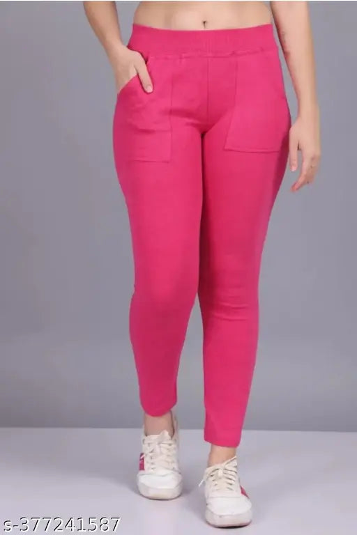Cotton blend solid-colored fashionable women's pocket jeggings for gym and yoga, high waist, stretchable, ankle length