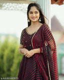 Dyed/washed Georgette Anarkali gown with dupatta, featuring solid fox embroidery. Indian-made maxi dress and matching dupatta for casual dressing