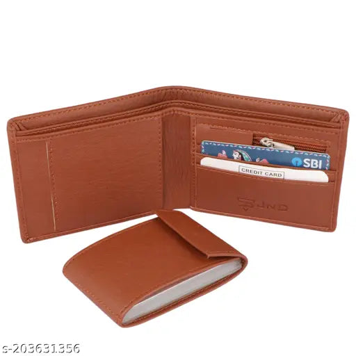Stylish tan faux leather mini wallet for men, 9 card slots, solid pattern, well-crafted with durable lining