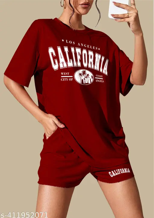 Maroon cotton printed oversized T-shirt & shorts pyjama set for women, ideal for sleepwear, beach outings, and summer wear