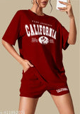 Maroon cotton printed oversized T-shirt & shorts pyjama set for women, ideal for sleepwear, beach outings, and summer wear