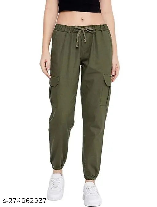 Stylish cotton lycra cargo joggers, solid net, versatile comfort for women (30, 34, 36)