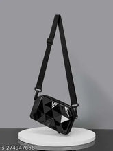 Black acrylic diamond-cut cross body bag, solid pattern with 3 compartments for on-trend accessories