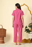 Elegant pink cotton katha printed night suit with short sleeves and elastic waistband, perfect for relaxed home comfort