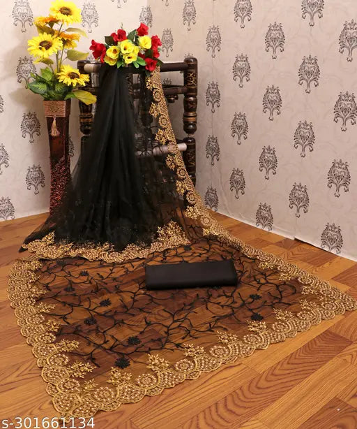 Embroidered net Shikujari saree25 with running blouse, free size, 6m long, Indian ethnic wear for casual or festive occasions