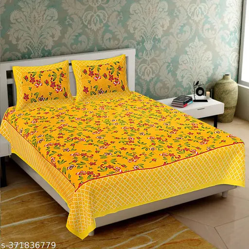 Cotton botanical-print fitted double bedsheets with pillow, ideal for summer adult use, one queen net quantity from India