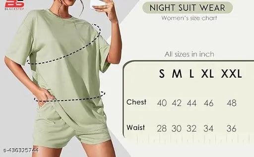 Cotton-blend night suit for girls and women, printed net design with short sleeves and loose fit