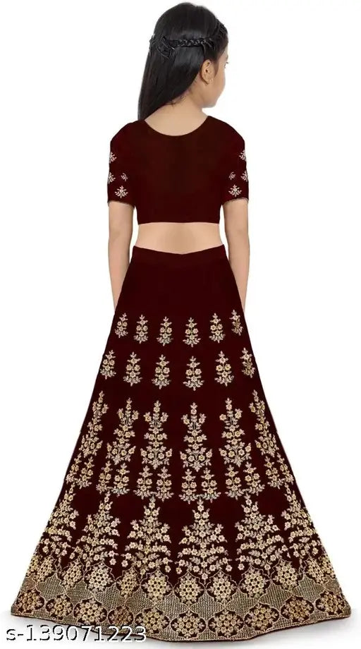 Multi-colored taffeta satin lehenga choli, semi-stitched with intricate embroidery, net dupatta. Traditional yet versatile partywear for 2-15 years