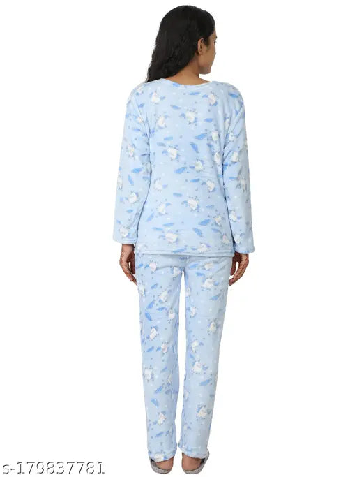 Sky Blue Pollo Loco Women's Light Weight Winter All Over Heart Print Pyjamas Set - Quality Woolen lounge sleepwear with long sleeves and great style