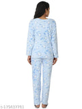 Sky Blue Pollo Loco Women's Light Weight Winter All Over Heart Print Pyjamas Set - Quality Woolen lounge sleepwear with long sleeves and great style