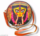 Faux leather round shape digital printed women's bag, vibrant Durga print, 3 compartments, adjustable strap, India origin