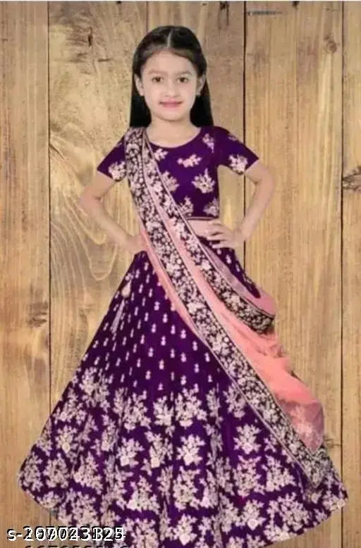 Purple taffeta embroidered satin semi-stitched Lehenga Choli & Dupatta set, Indian wedding party wear for girls aged 0-14 years