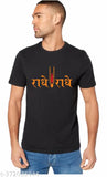 Black cotton printed Radhe Radhe Krishna half sleeve t-shirt for men (100% cotton) - stylish Indian design on display