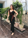 Trendy lycra sleeveless jumpsuit, printed net pattern for women, India-made fashion on mannequin