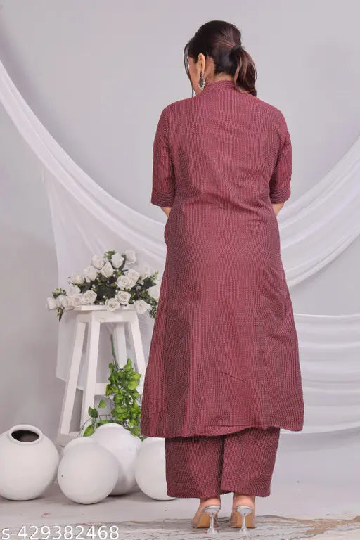 Women's cotton kurta pant set in solid color, featuring short sleeves and palazzos bottom style. Single size M (Bust 38in, Shoulder 14in, Kurta Waist 36in, Kurta Length 46in, Bottom Waist 36in, Bottom Length 38in). Made in India