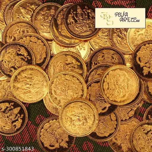 Brass Kuber idol & 108 Gold-plated coins, Indian brass god statue with matching coins for pooja, small in size (approx. 3x3x4.5cm for idol, 1.4cm diameter coins)