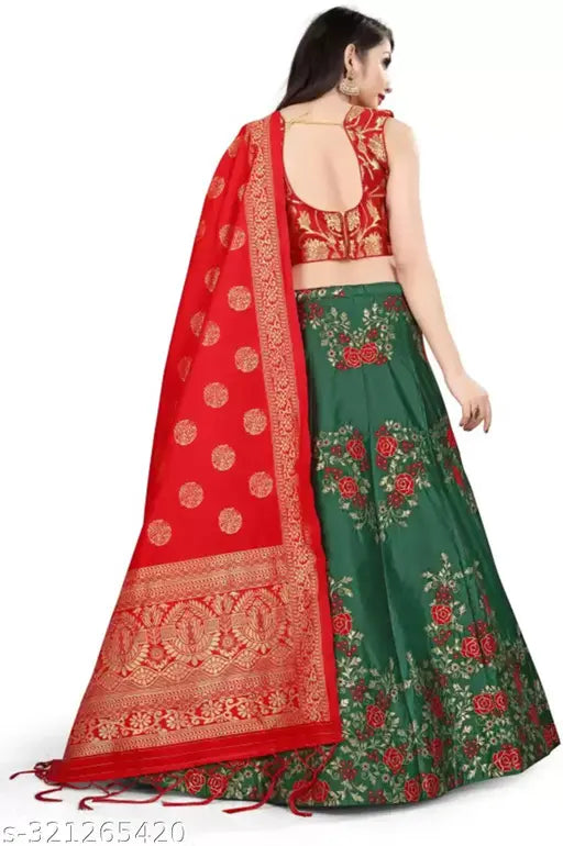 Silk Lehenga Choli set, Banarasi Jacquard fabric, floral motifs, semi-stitched (Lehenga size 40, Duppata length 2.35m), Indian wedding attire