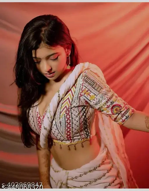 White georgette Bollywood saree with embroidered blouse, free size, 5.5m length