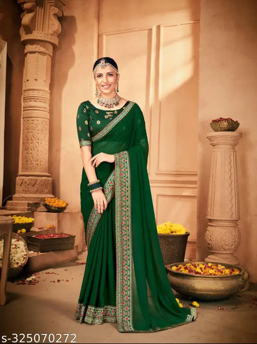 Georgette jacquard border saree in solid pattern, unstitched blouse for women, made by Rekha Maniyar" (96 characters)