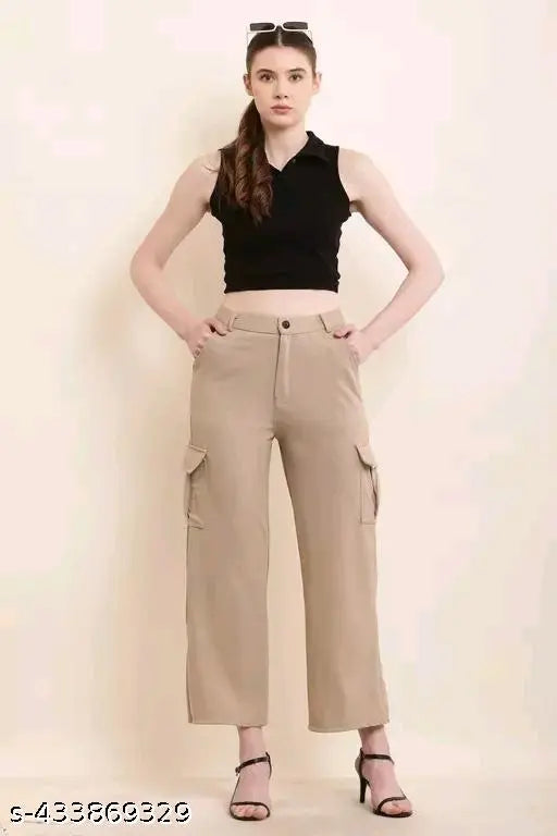 Cotton blend four-pocket cargo pants for women and girls, solid color style with trendy bell bottoms
