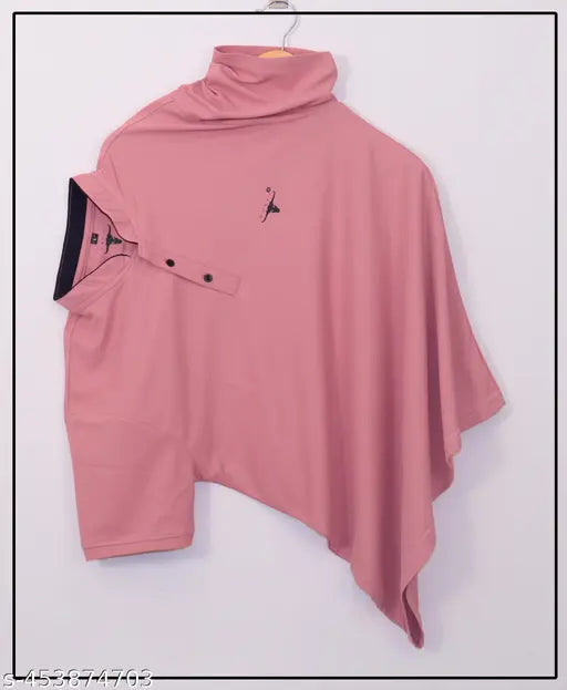 Peach polyester men's trendy modern t-shirt with Chinese collar, short sleeves, printed pattern. Size M (Chest 39in, Length 27in). Made in India